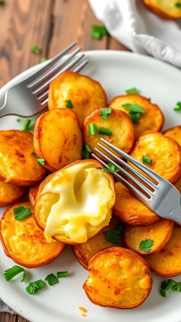 Crispy Air Fryer Cheesy Potatoes Recipe Crispy air fryer cheesy potatoes served on a plate, garnished with parsley.